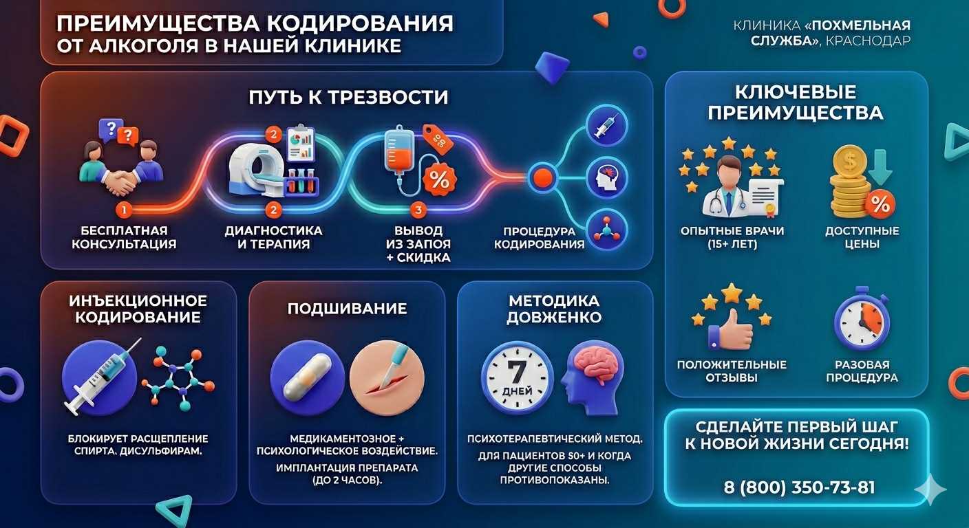 Инфографика о методах кодирования от алкоголя в Красновишерске: инъекции, подшивание, метод Довженко. Преимущества клиники и этапы лечения.