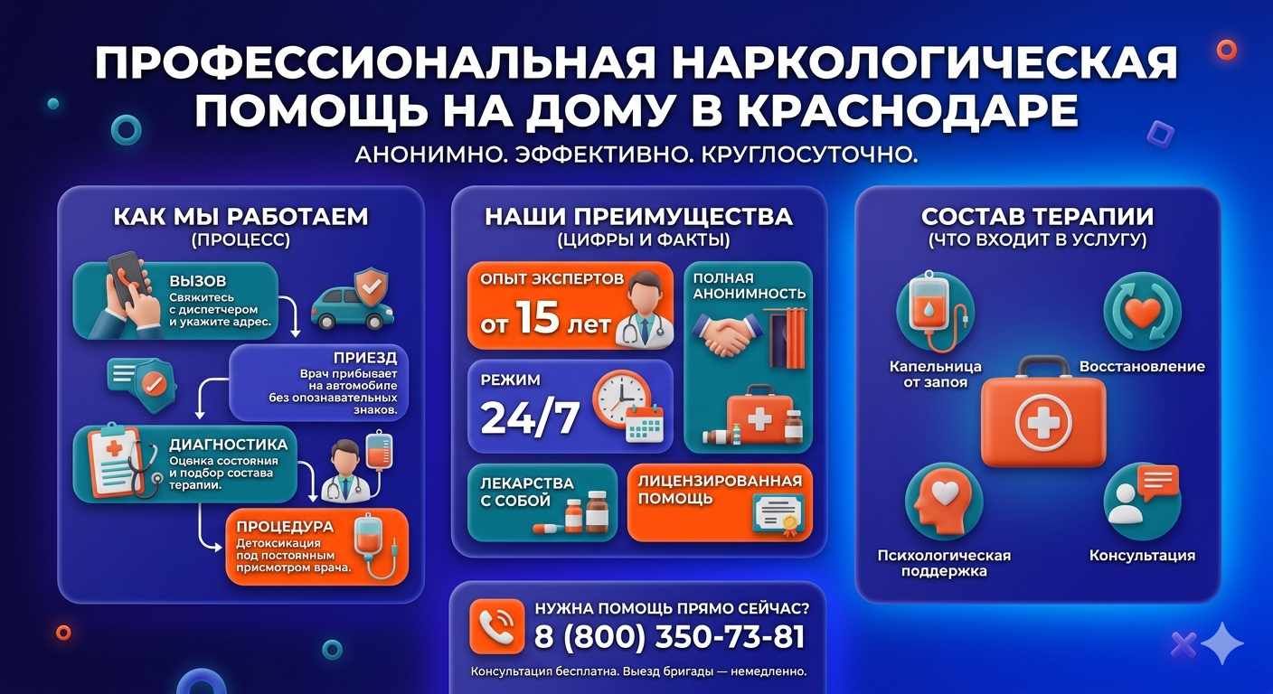 Инфографика о принципах лечения алкоголизма на дому в Красновишерске: этапы вызова нарколога, преимущества анонимной детоксикации и состав медицинской помощи.